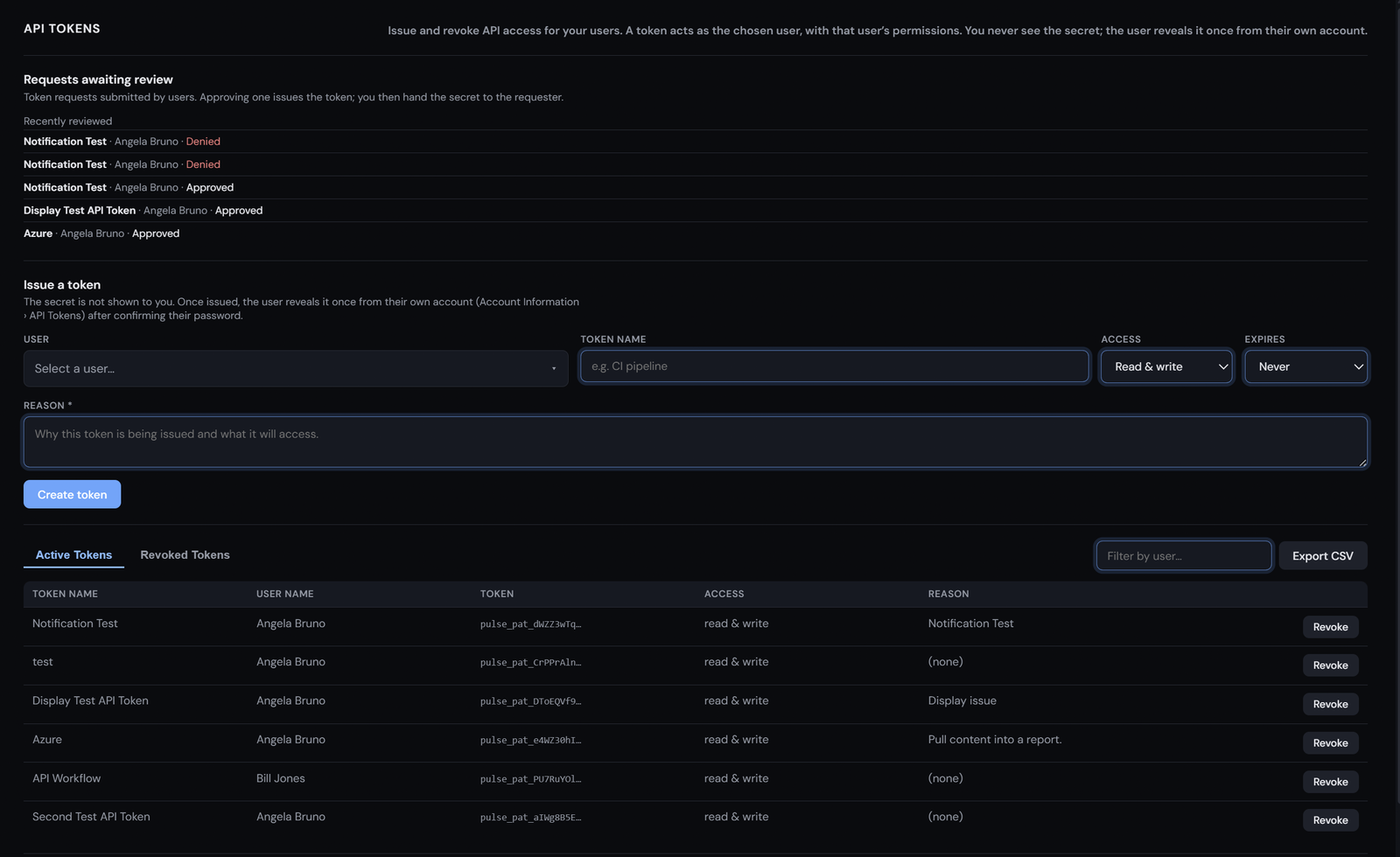 The Admin API Tokens screen in Areious Task: a Requests awaiting review area, an Issue a token form with User, Token name, Access, Expires, and a required Reason field plus a Create token button, and Active/Revoked token tabs listing each token's name, user, prefix, access, and reason with a Revoke control.