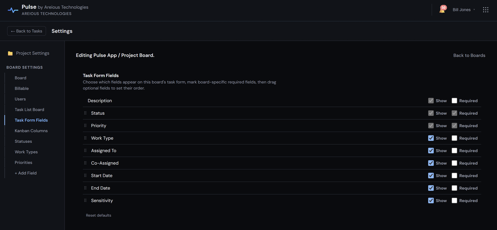 The Task Form Fields settings screen: each field (Description, Status, Priority, Work Type, Assigned To, Co-Assigned, Start Date, End Date, Sensitivity) has a Show and a Required checkbox and a drag handle, with locked fields shown checked and greyed out.