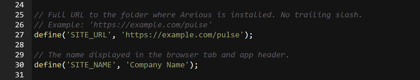 An excerpt of config.php showing the SITE_URL line set to 'https://example.com/task' and the SITE_NAME line set to 'Company Name', each preceded by an explanatory comment.