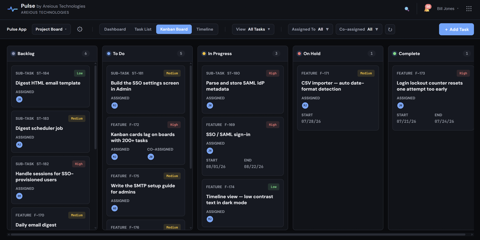 The Areious Task Kanban Board with tasks arranged into Backlog, To Do, In Progress, On Hold, and Complete columns; each card shows its reference, title, priority, and assignee.