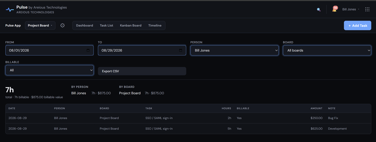 A Timesheets report scoped to a single user, showing that person's own entries with date, board, task, hours, billable status, amount, and note columns, and a total billable value.