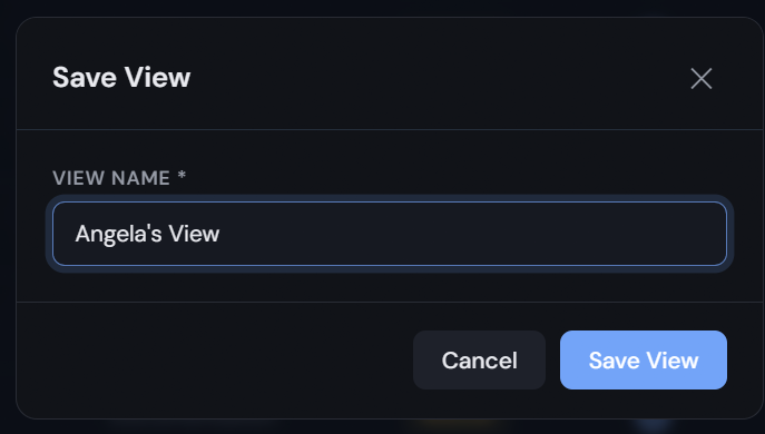 The Save View dialog in Areious Task with a required View Name field containing 'Angela's View', and Cancel and Save View buttons.