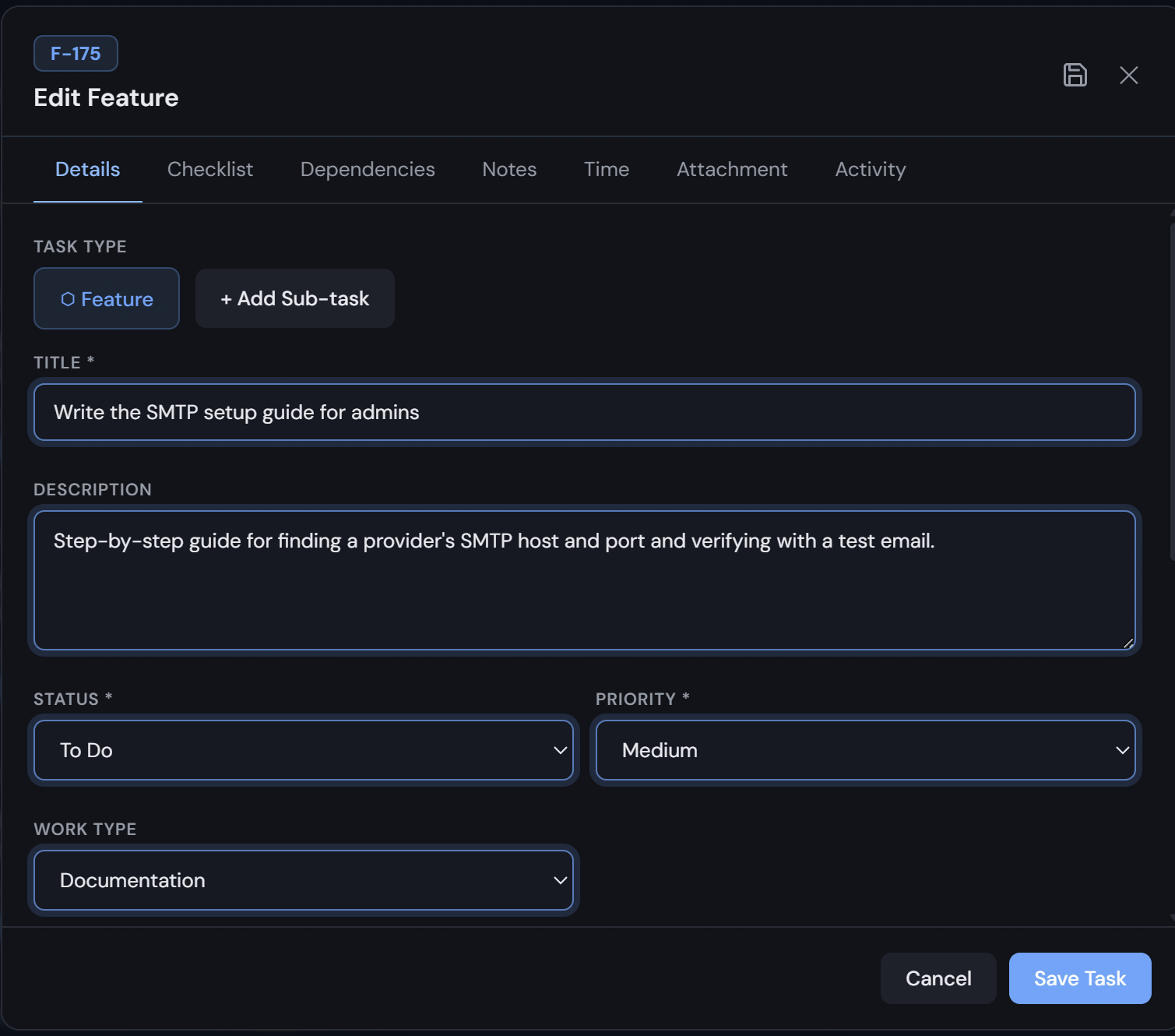 The Areious Task task form on its Details tab, showing the Feature / Add Sub-task type toggle, title and description fields, and Status, Priority, and Work Type dropdowns, with Checklist, Dependencies, Notes, Time, Attachment, and Activity tabs across the top.