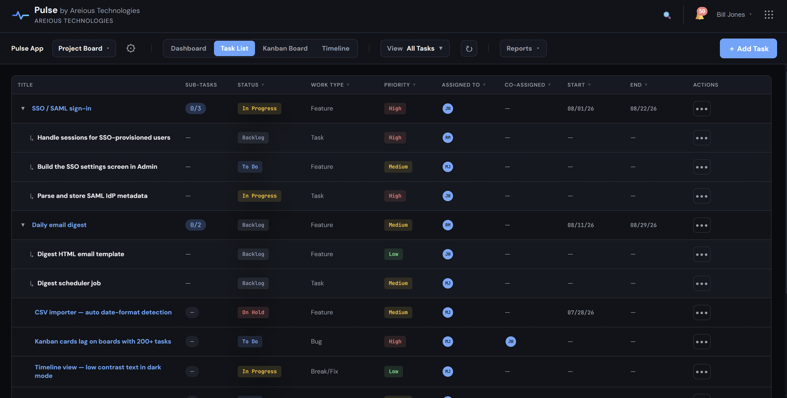 The Areious Task task list: tasks grouped under their parent features, with Status, Work Type, Priority, Assigned To, and date columns, plus a per-row actions menu.