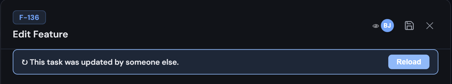 An open task in Areious Task showing a notice below the header that reads 'This task was updated by someone else' with a Reload button on the right.