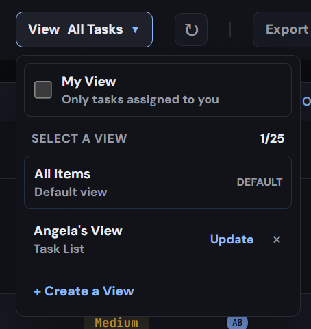 The View dropdown showing the saved view 'Angela's View' (Task List) with an Update link and a delete (x) control beside it, a 1/25 counter, and All Items marked as the default view.